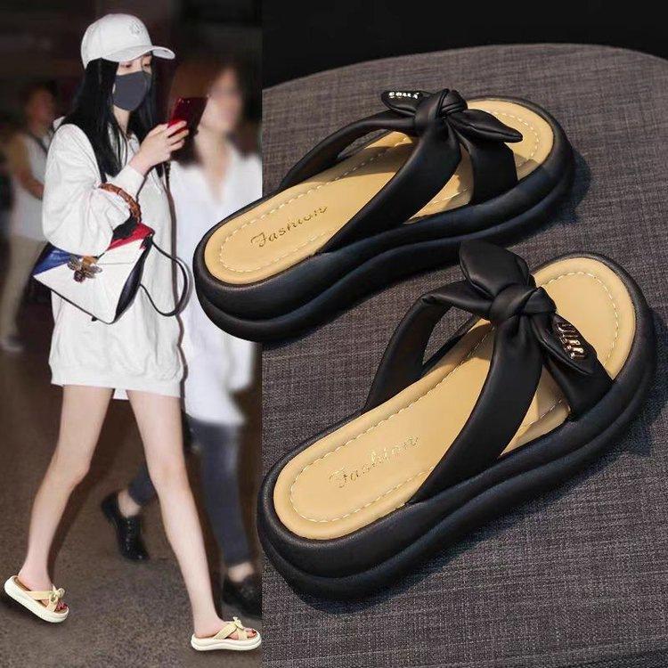 2025 Summer New Fairy Bow Slippers Women Wear Thick Bottom To Increase Height Casual Word Beach Sandals Soft Bottom