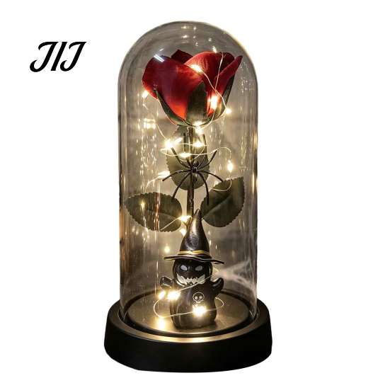 Romantic Spooky Festival Gift Halloween Indoor Light Up Rose in Plastic Dome Cloche, Artificial Preserved Flower Shadow Night with Spider Pumpkin