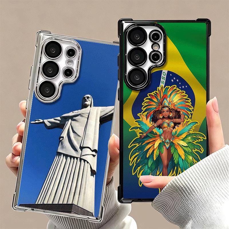 Brazil Brazilian Flag Plating Phone Case For Samsung Galaxy S24 S25 FE S26 Edge S23 Ultra S22 S21 Plus S20 Anti-Fall Airabag Cov