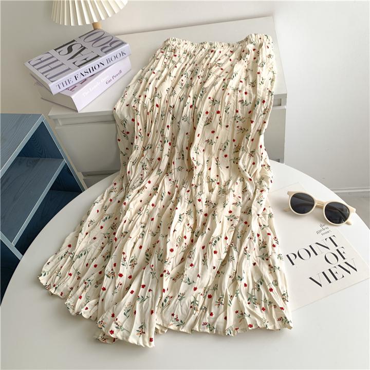 

Плиссированная миди-юбка с цветочным принтом - Корейский стиль, Стройнящий А-силуэт для женщин One Size