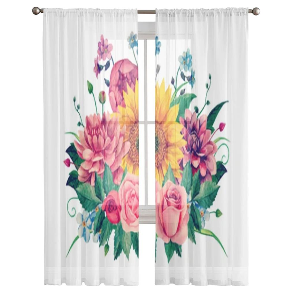 Blumenstrauß Rose Sonnenblume Gardinen für Schlafzimmer Wohnzimmer Tüll Vorhänge für Küche Voile Vorhänge Fensterbehandlung