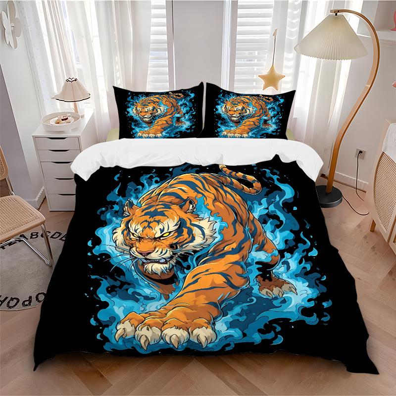 3pcs Blue Flame Tiger Quilt Set - Soft and Comfortable Bedroom, Guest Room and Dorm Decor Bedding Set 1 Quilt Cover + 2 Pillowcases.W012