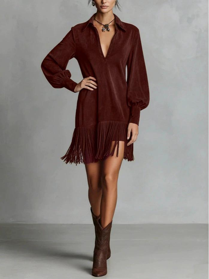 V-neck Faux Deerskin Dress with Fringe Hem and Lapels, Long Sleeve, European & American Style  