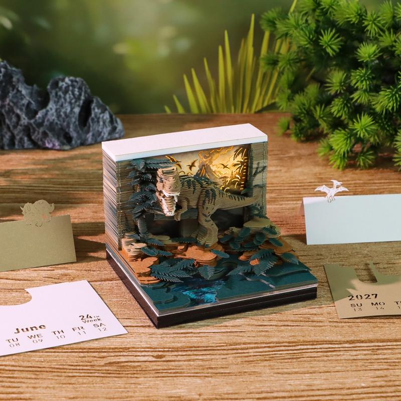 Calendar de birou 2027 cu ceas și lumină LED, Calendar 3D cu pagini rupte, Artă de sculptură în hârtie, Blocnotes, Bloc de notițe, Cadou de Crăciun