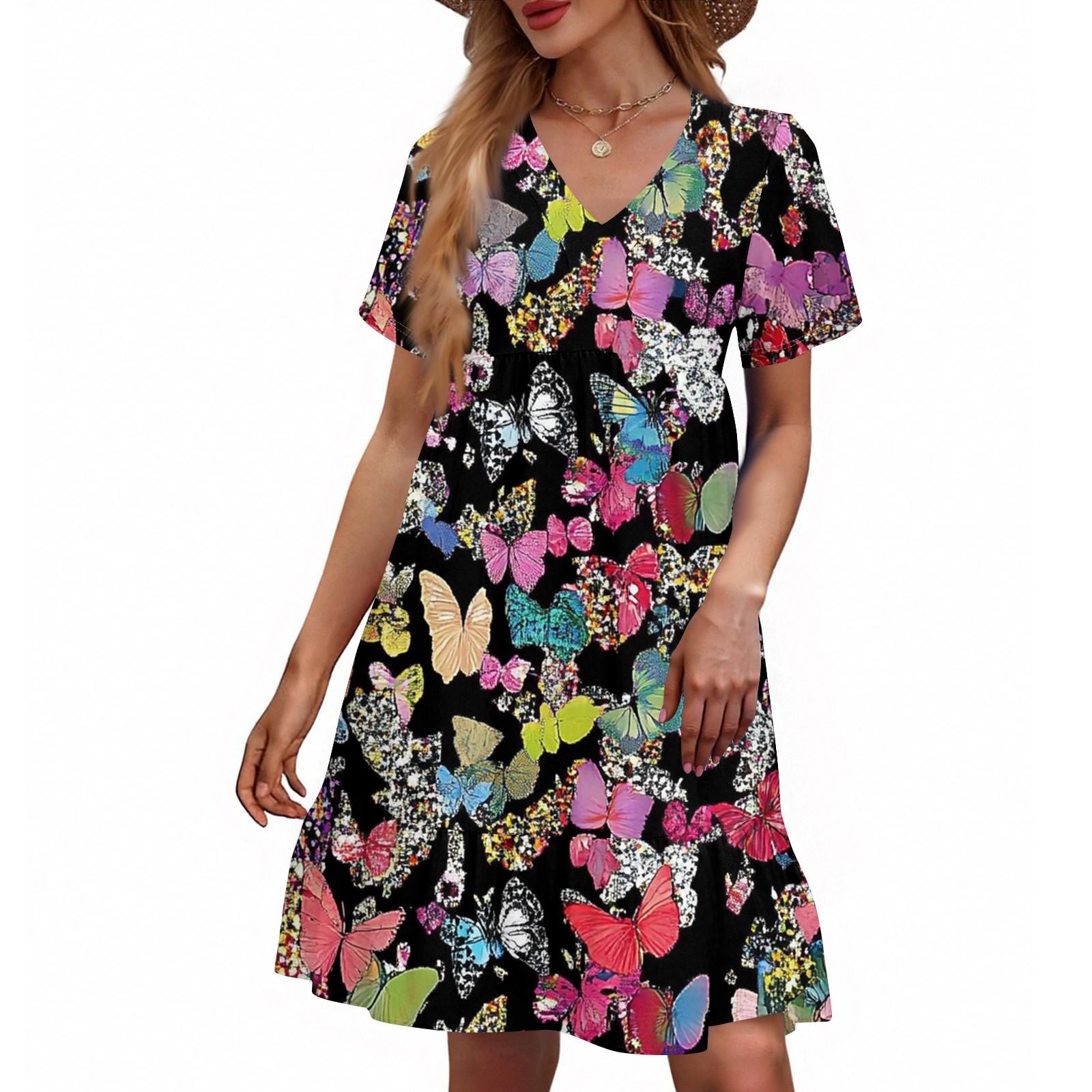 Women s Casual Fashion V-Neck Short Sleeve Floral Print Dress L чёрный