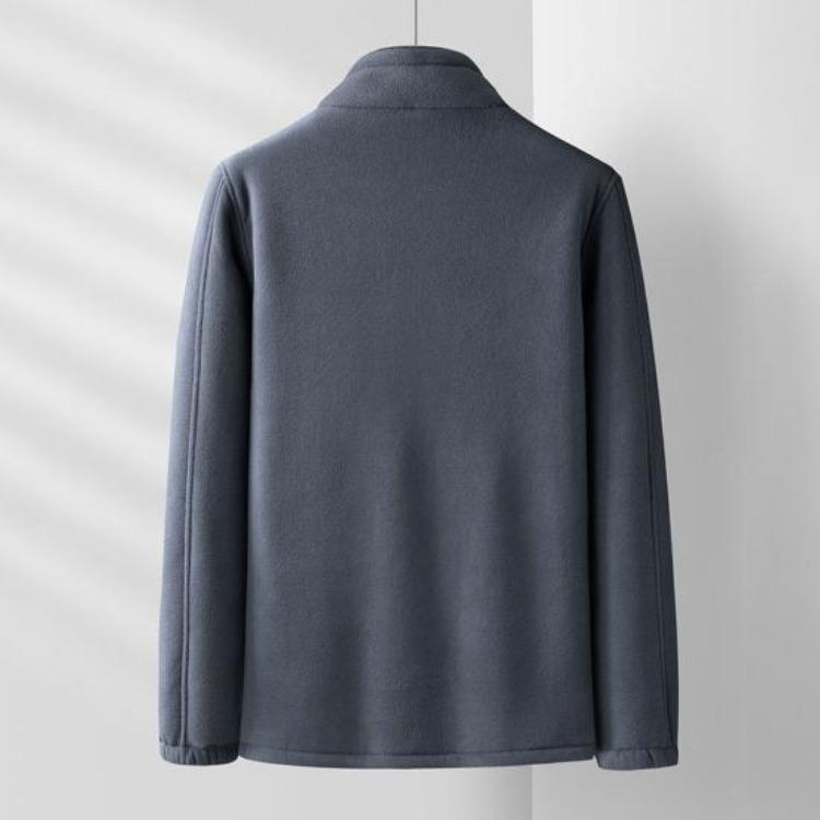 Solid Color Men Coat Stand Collar Cardigan Jacket Polar Fleece Lining Long Sleeve Zipper Placket Daily Wear Outwear