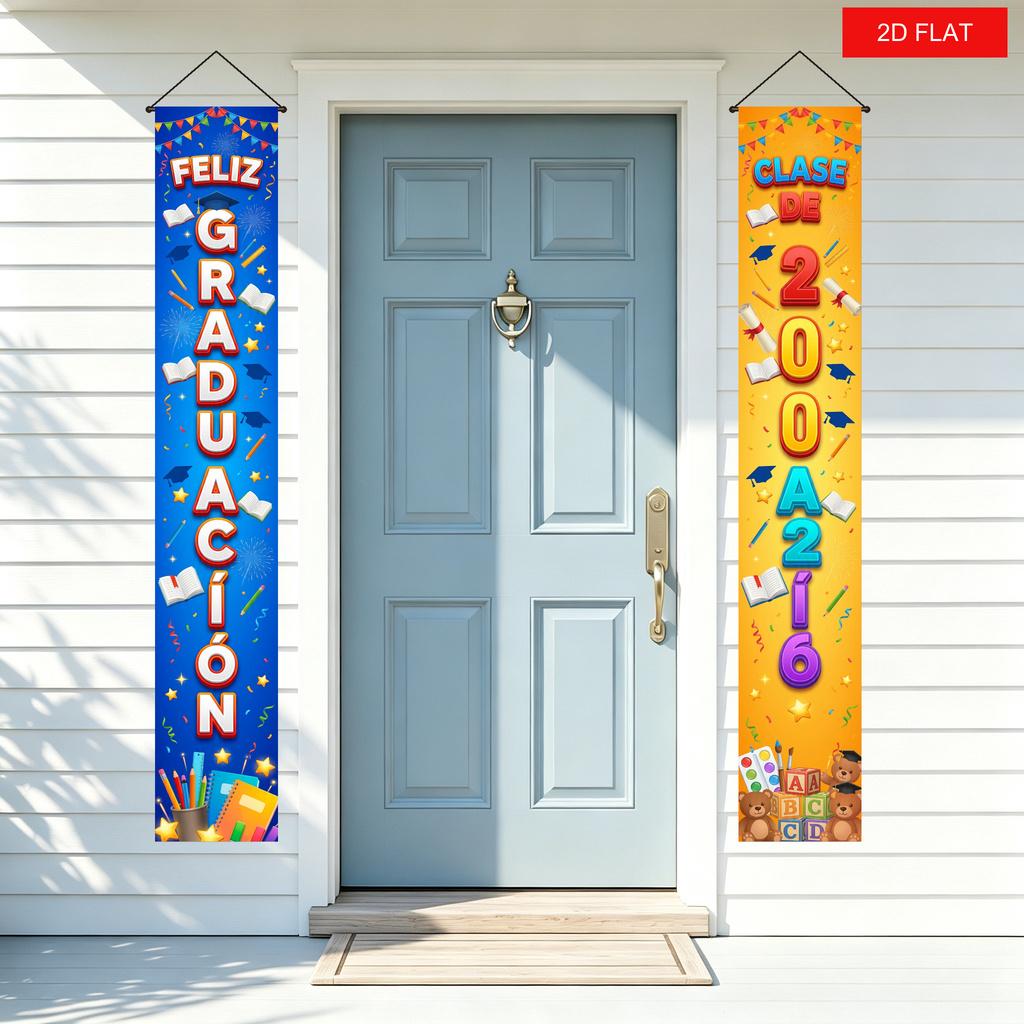 2D Flat, 2pcs Spanish Graduation Banner Suitable for 2026 Class - FELIZ GRADUACION & CLASE DE 2026 Door Decoration with Fireworks Pennant, Cartoon Do