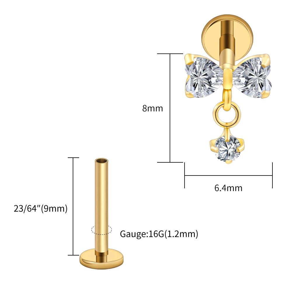 Right Grand ASTM F136 Titanium Bow Dangle CZ Piercing Labret Stud 16G Flat Back Helix Tragus Cartilage Earring Bridal Jewelry