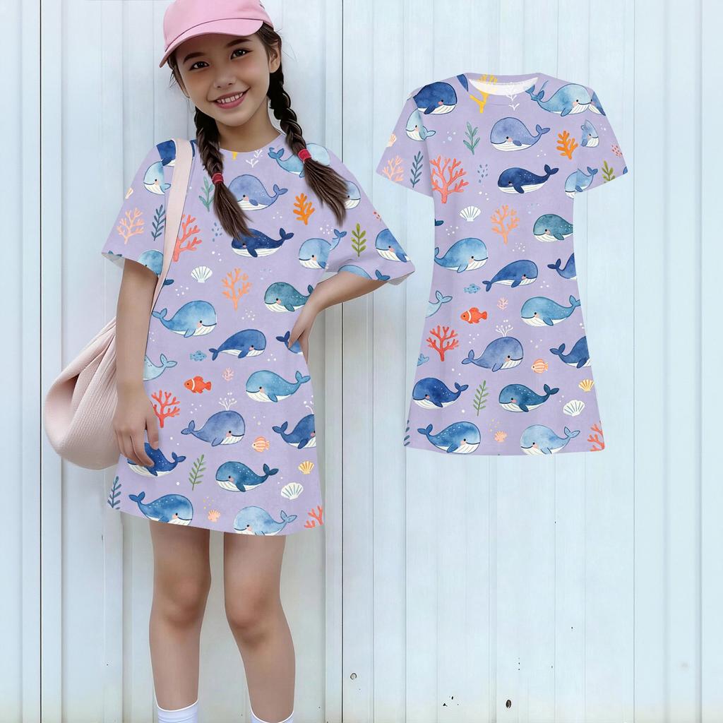 Mädchen lockeres kurzärmeliges Kleid leicht rundhalsig lässiges Kleid mit Tiermotiv bequemes Sommerkleid für Kinder