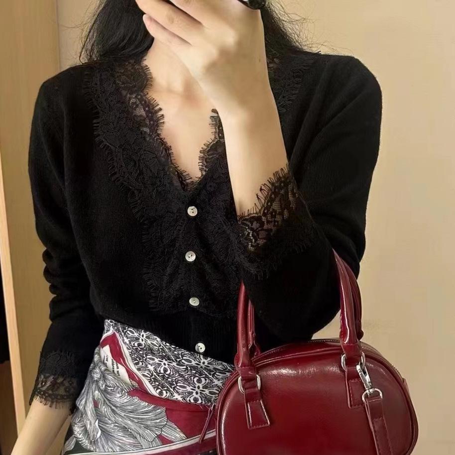 Arctic velvet, lace v-neck solid color knitted sweater women's cardigan autumn and winter long-sleeved short gentle wind sweater
