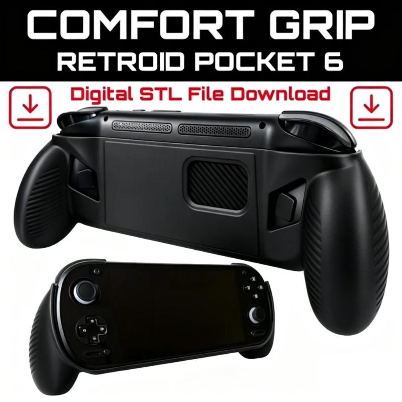 Handheld-Spielgriff für Retroid Pocket 6, 3D-gedrucktes Griffgehäuse mit freiliegenden Front Bedienelementen und Öffnung an der Unterseite für Spiele zu Hause und unterwegs