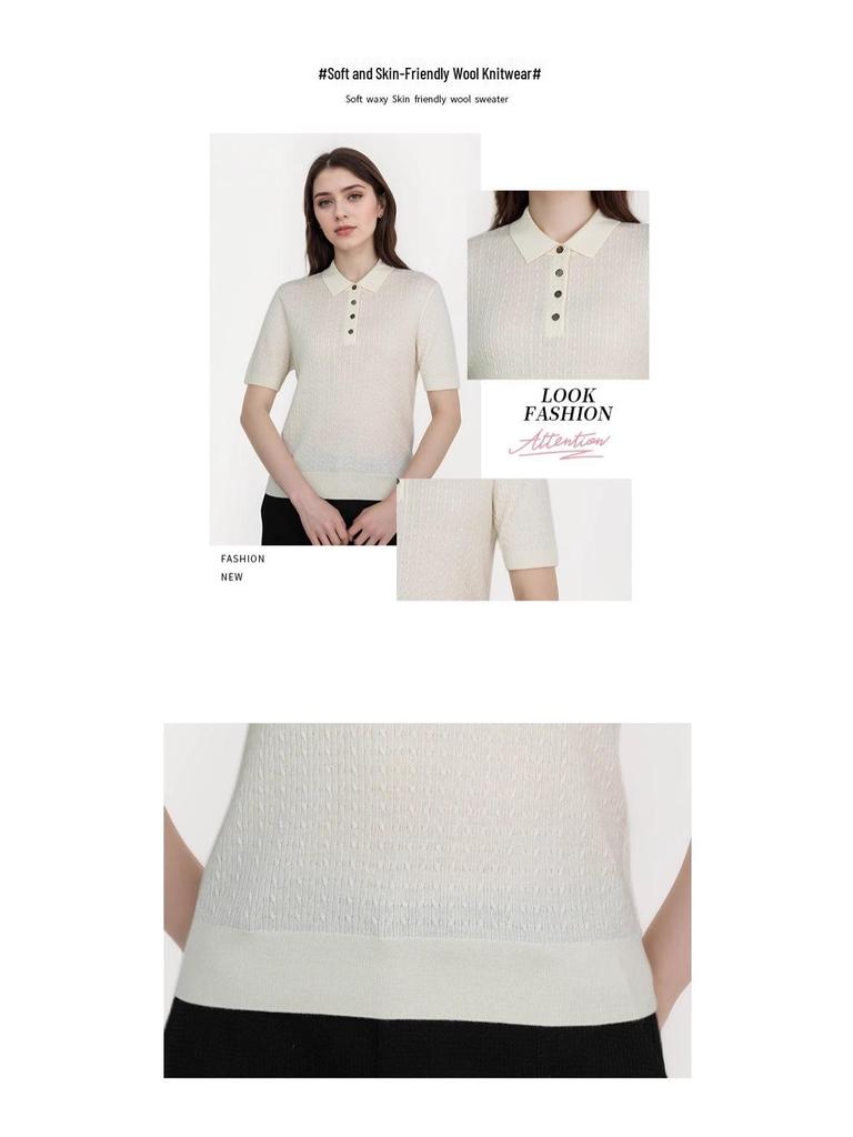 Women's Retro Flower Button Knit Polo Top - Machine Washable Wool, Short Sleeve, Lapel Collar for Autumn/Winter