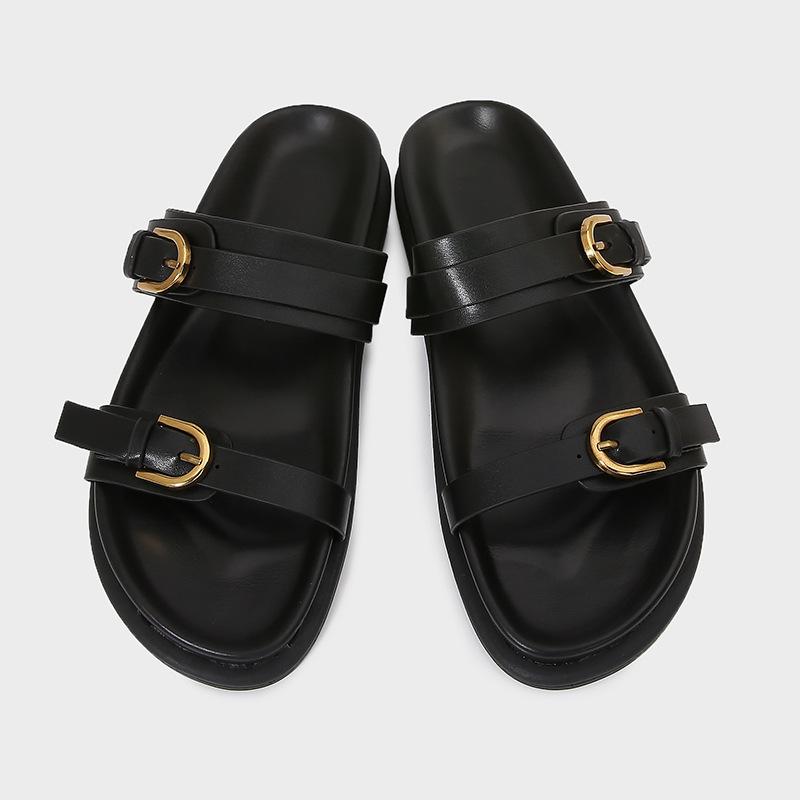 Fashion Retro Metal Belt Buckle Flat Slippers Women Comfortable Platform Slide Sandals Summer Beach Designer Shoes Sandalias De Mujer