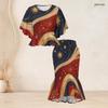 Women Plus Size Round Neck Batwing Sleeve Printed Red Blue White Ruffle Top Fishtail Skirt Two Piece Set