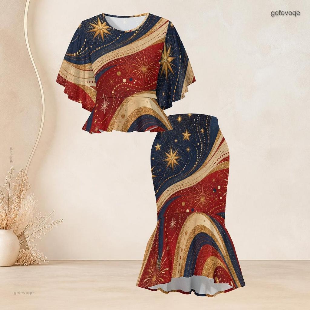 Women Plus Size Round Neck Batwing Sleeve Printed Red Blue White Ruffle Top Fishtail Skirt Two Piece Set