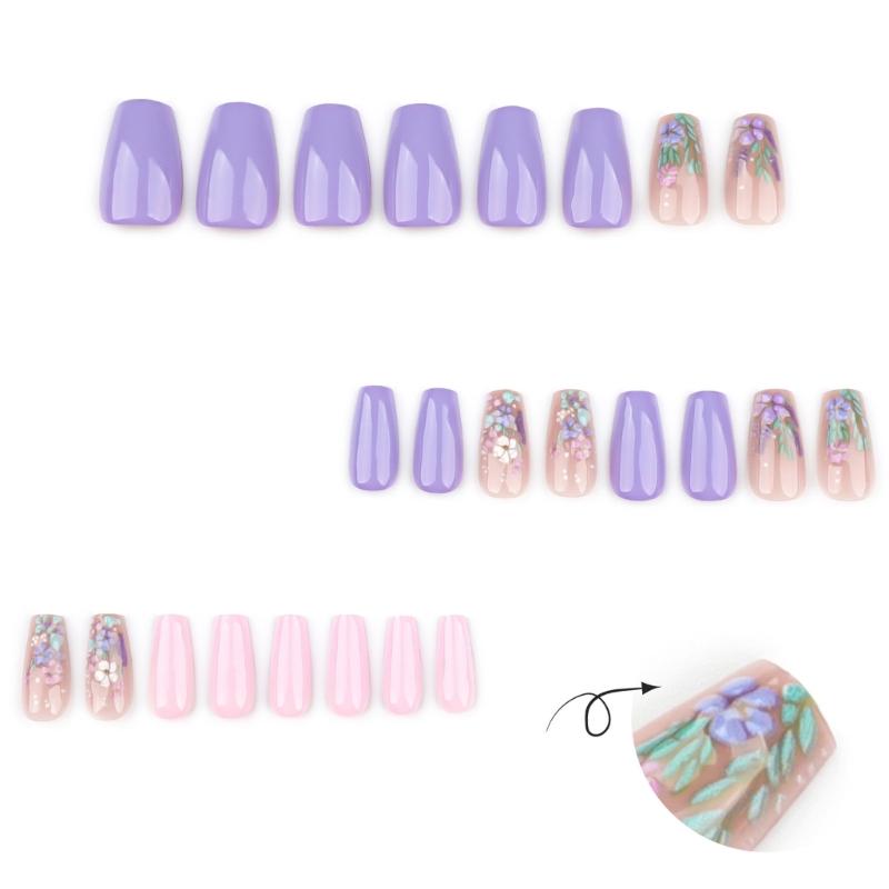 24 Pcs Short Ballerinas Press On Nail 3D Flowers False Nail Acrylic Nail Glossy Full Cover Stick on Nail for Woman