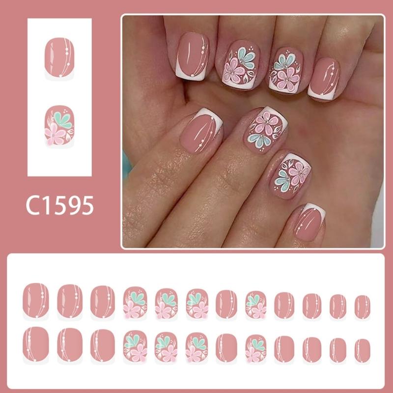 24Pieces Artificial Nail French Tip Pink Flower Glittering Press stick Nail for Women Party and Date Event