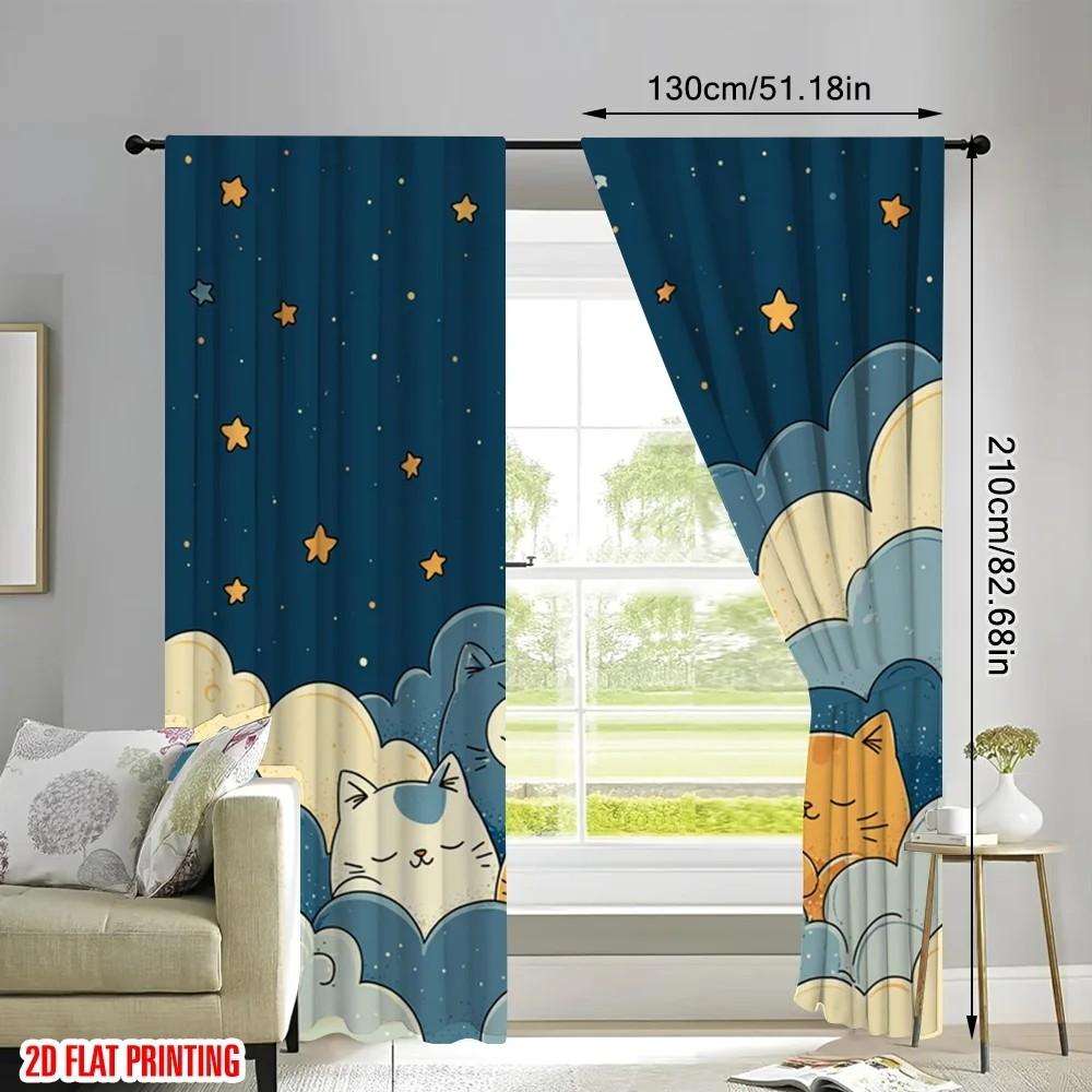 Blackout Jit Cute Cats Printed Curtains Polyester Kids Room Window Decor Home Curtain Set Of 2 Made With Rod Pocket Washable Children's Ready