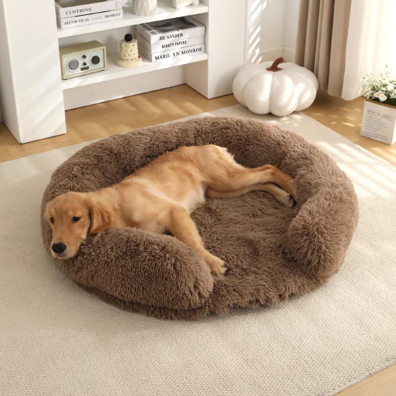 Neues rundes Plüsch-Haustierbett - Winterwarmes Hunde-Katzenbett mit langem Fell, gemütliche Schlafmatte, Kissen für kleine bis mittelgroße Haustiere