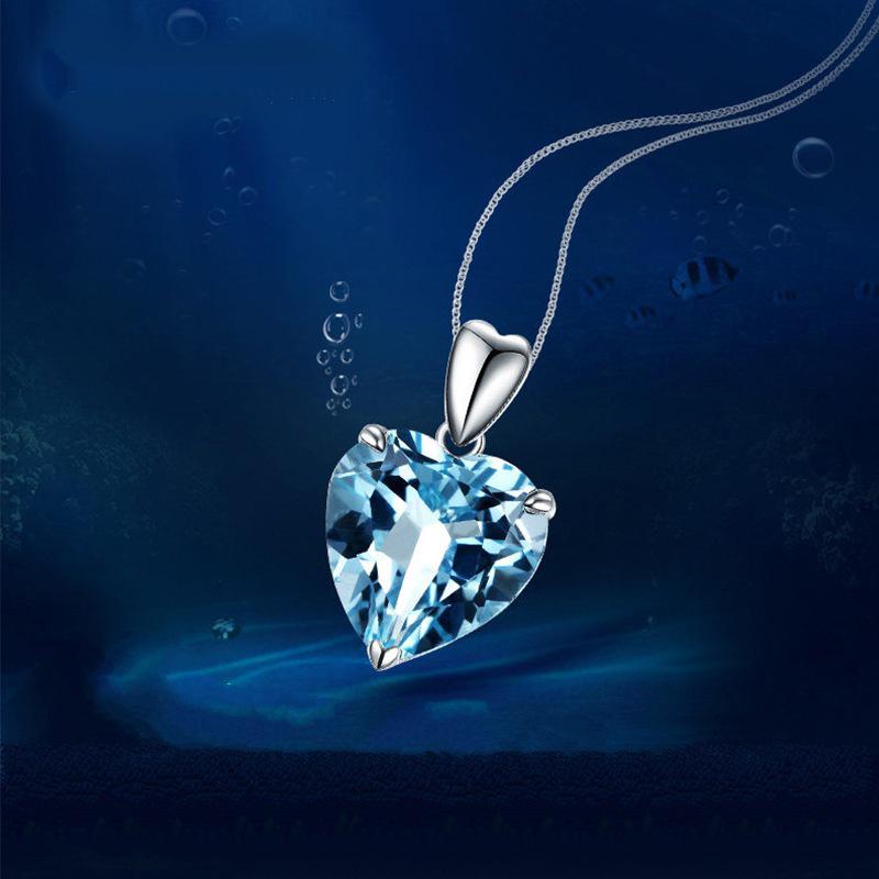 Ocean Heart Blue Crystal Topaz Pendant Necklace - 925 Silver Plated Sapphire Heart Choker