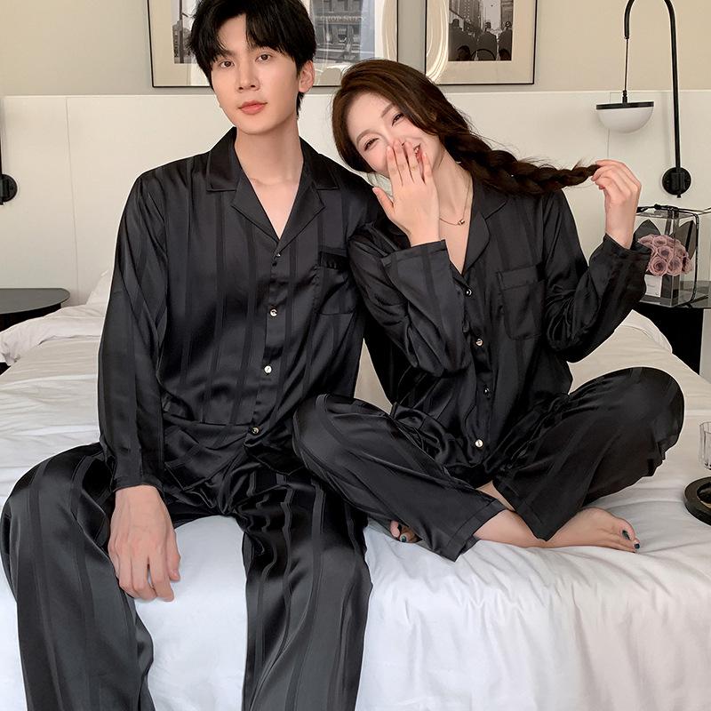 New Autumn Ice Silk Couple Pajamas: Women's Long Sleeve and Men's Luxury Style Homewear.