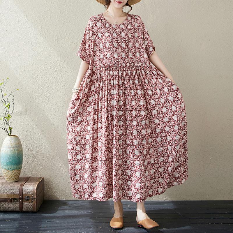 

DIMANAF 2024 платье больших размеров женский летний сарафан с круглым вырезом богемный свободный макси-платье большого размера с цветочным принтом 9009 One Size красный