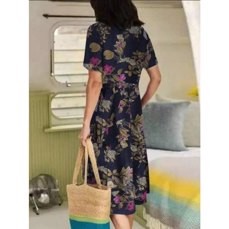 Women's Fashion Summer Spring Flower Pattern Print Short Sleeve V-Neck Middle Waistline Casual Dresses