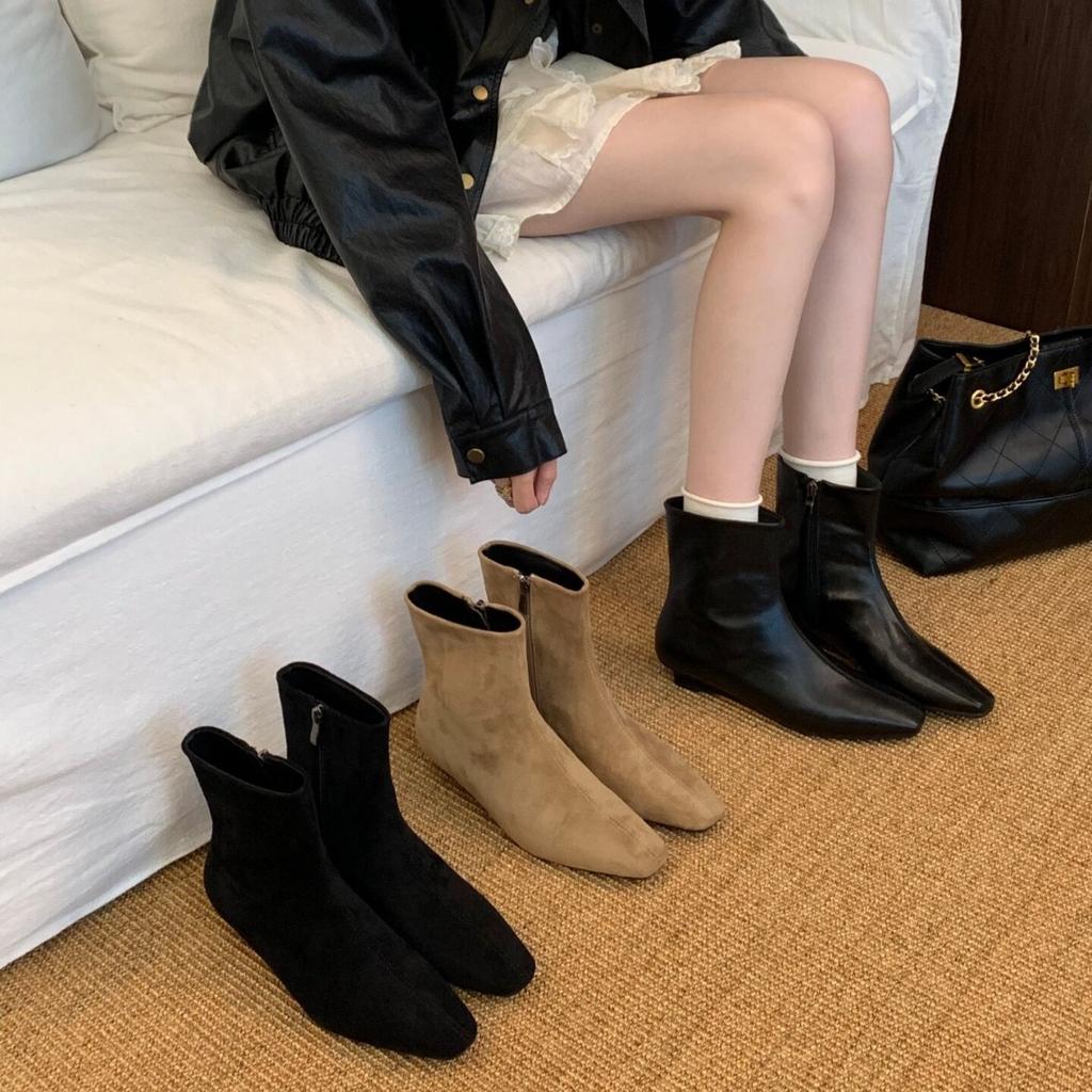 Square head slope heel short tube side zipper thin boots women's autumn new temperament retro low heel fashion boots