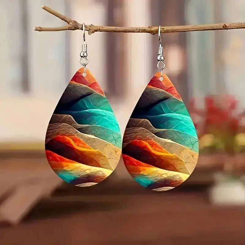 Bohemian Wooden Water Drop Earrings Elegant Rainbow Tree Of Life Willow Tree Teardrop Earring Double Sided Colorful Earrings