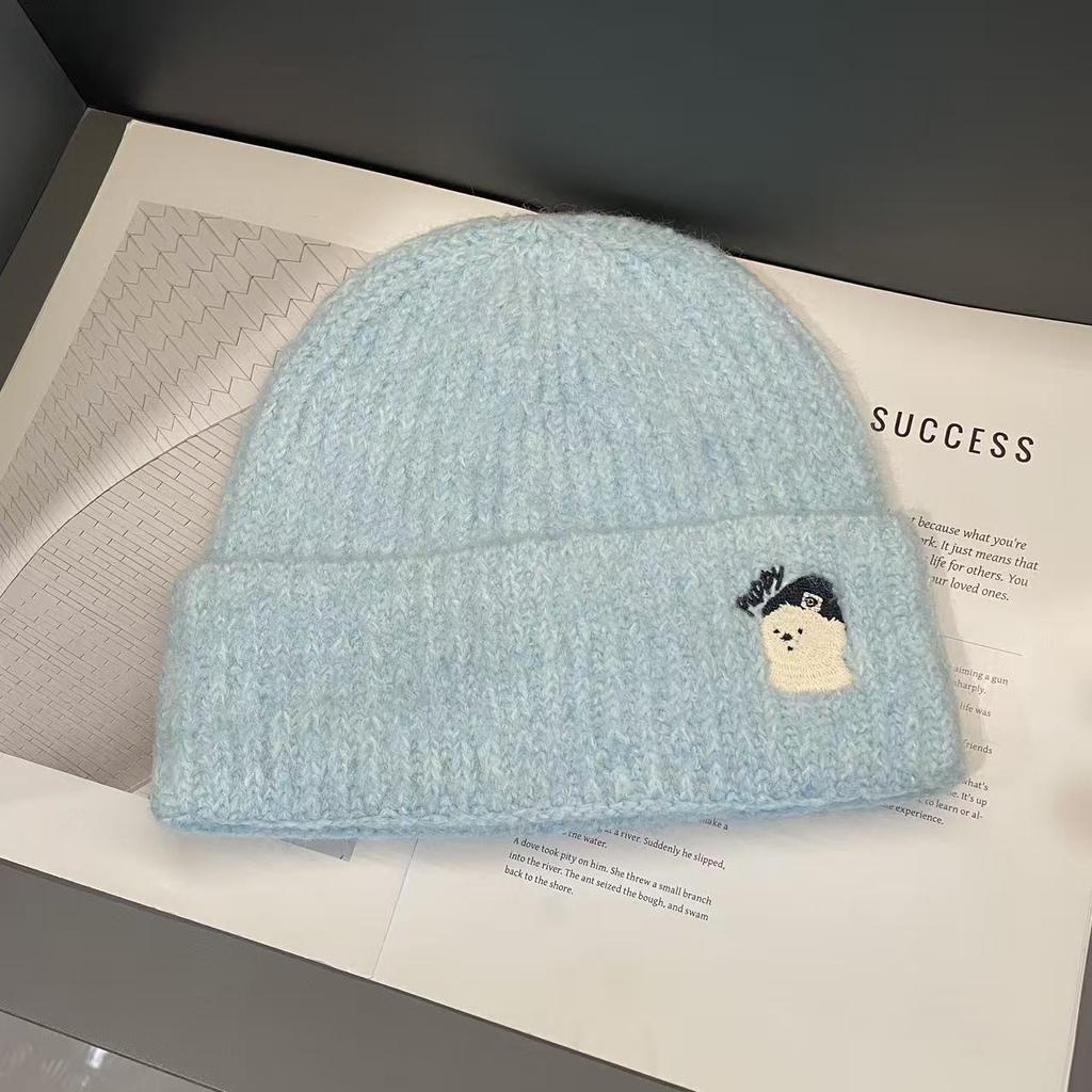 A New Solid Color Cartoon Embroidered Woolen Cap for Women In Autumn and Winter From South Korea A Small Knitted Cap That Accentuates The Face