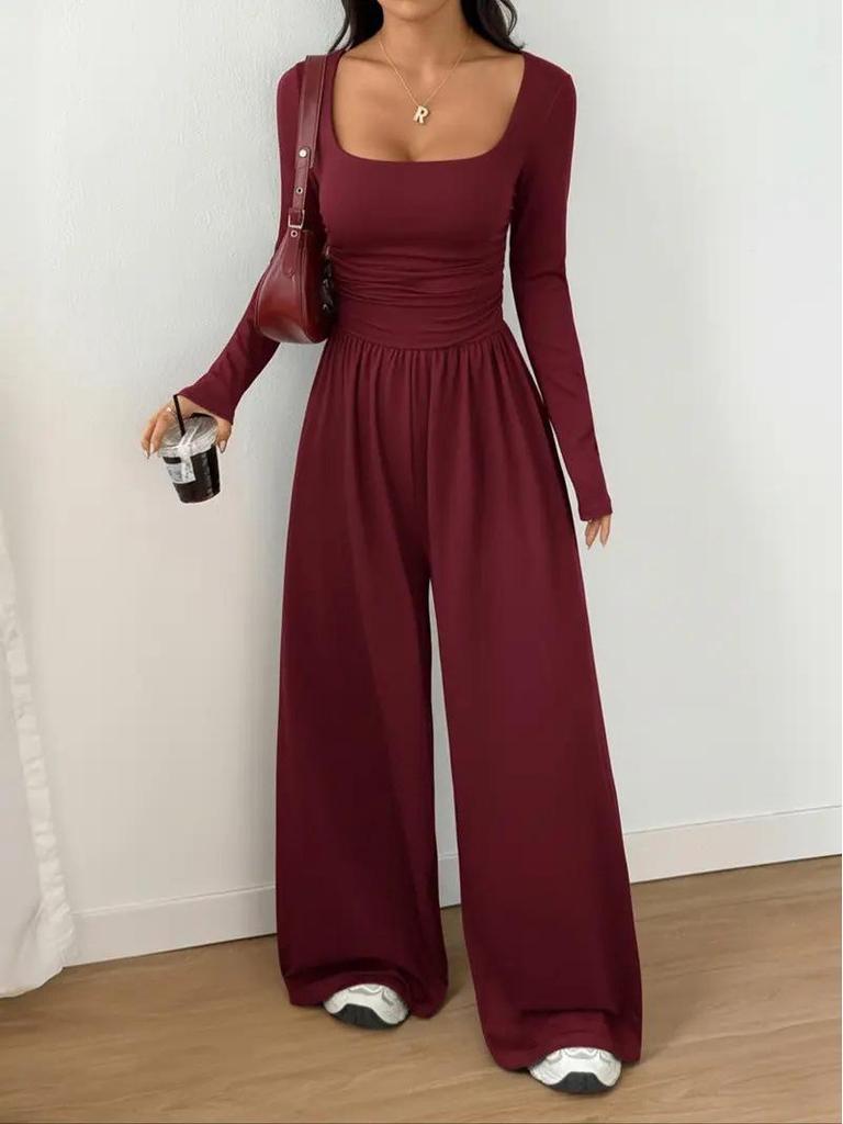 New Style Long Sleeve Women's Casual Wide Leg Solid Color Slimming Jumpsuit