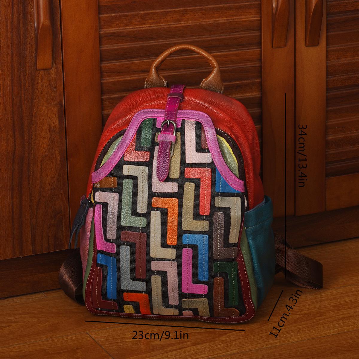 Handmade Retro First-Layer Cowhide Backpack, Color Splicing Contrasting Color Personalized Women S Bag, Genuine Leather Casual Backpack Goods