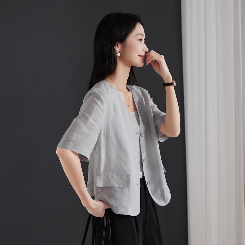 SOFSIL Women s Casual Linen V-Neck Short Sleeve Top M