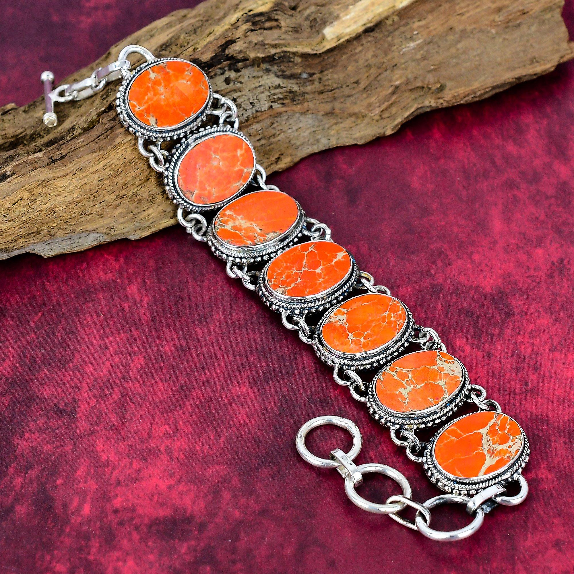 

Браслет Orange Sea Sediment из цельного серебра 925 пробы с регулируемой цепочкой, браслет ручной работы с драгоценными камнями на День памяти оранжевый