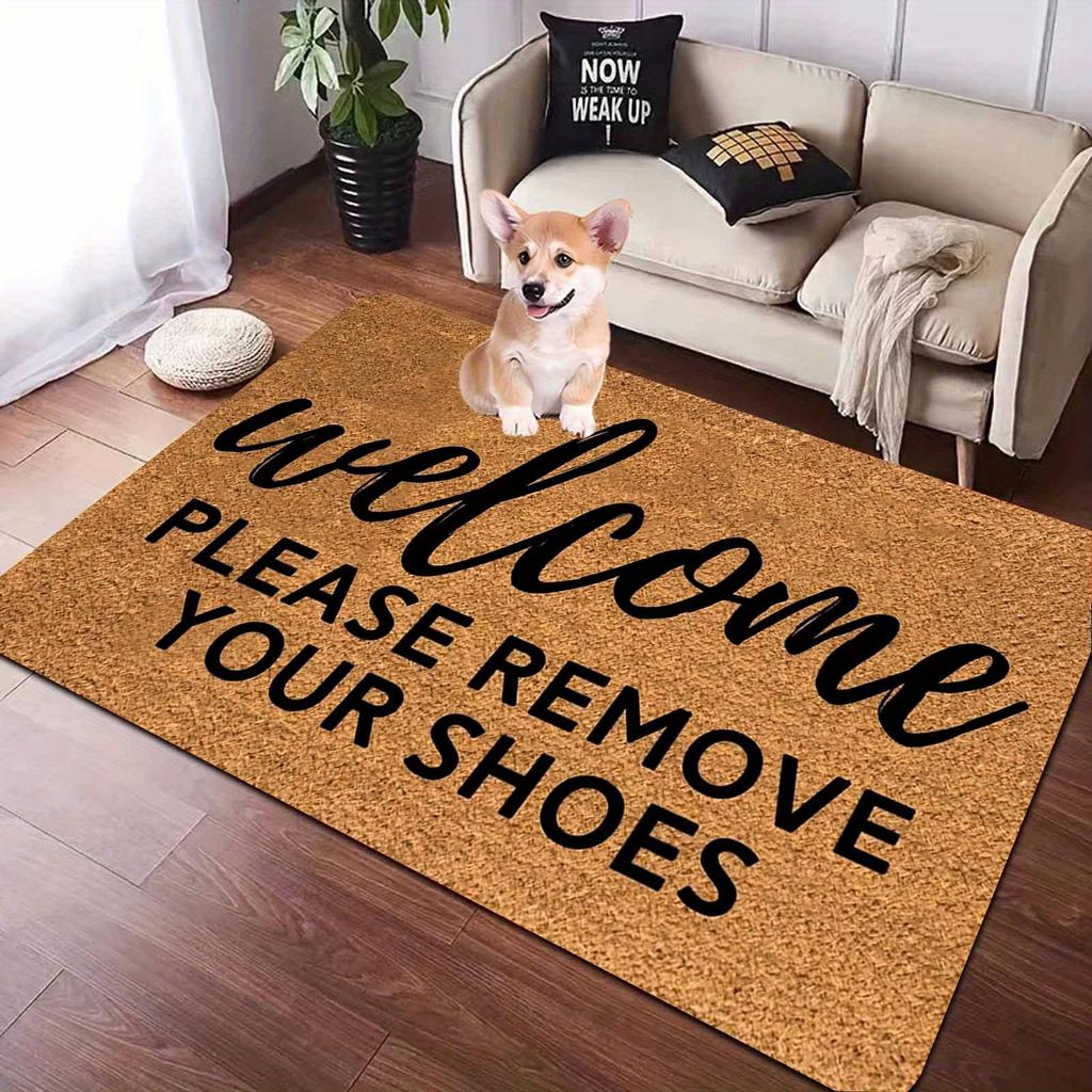 "Welcome Please Remove Shoes" Flannel Doormat - Machine Washable Polyester for Entryway, Kitchen, Balcony Indoor Decor Mat