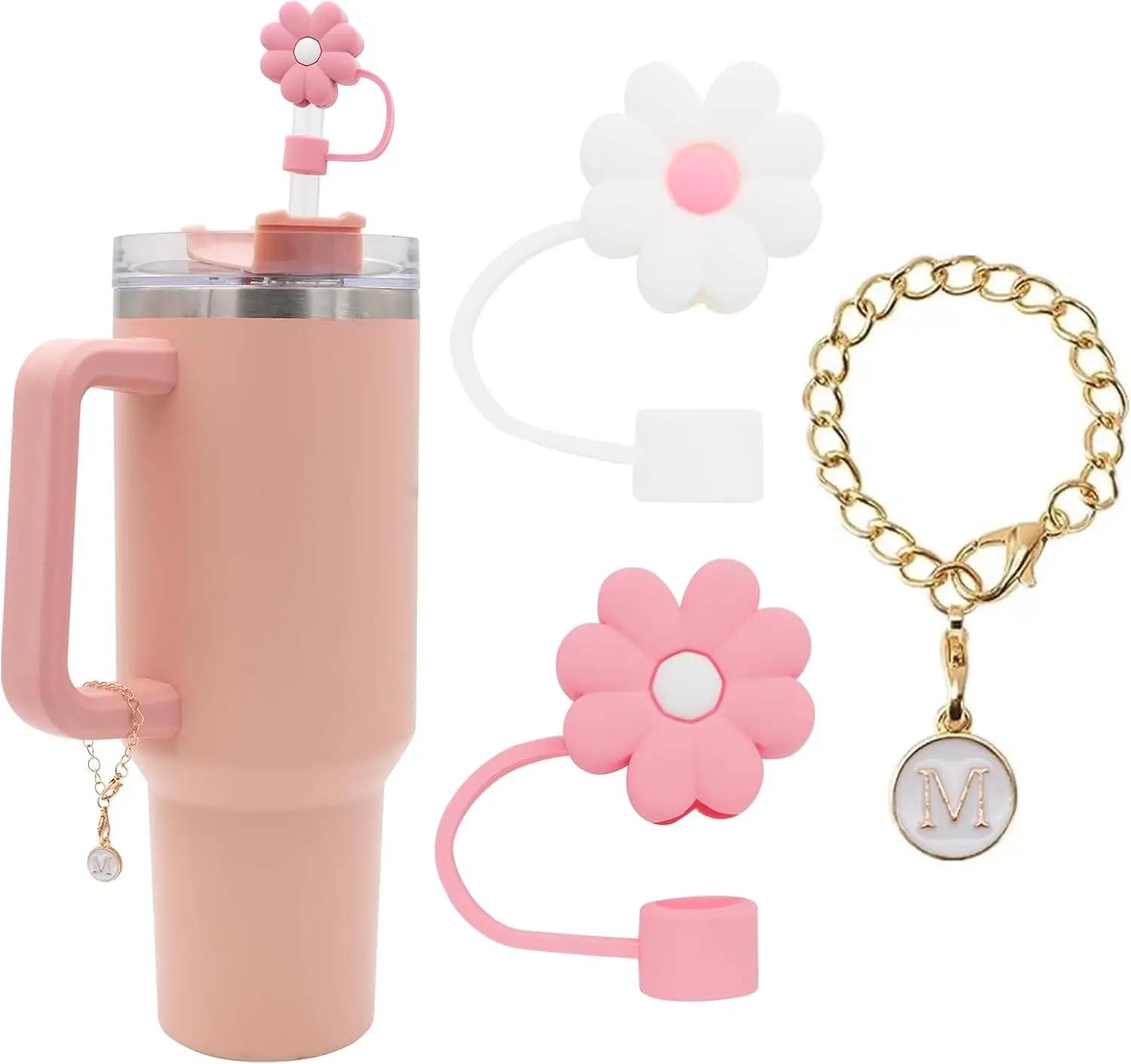 

3PCS Straw Cover for Stanley Cup 30 40 Oz Tumblers Accessories 10mm Flower Silicone Straw Topper Lid with Initial Letter Charm