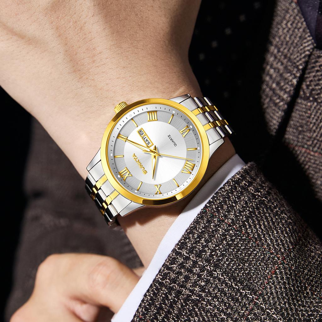 SUNKTA Design Man Business Watch Fashion Classic Stainless Steel Clock Date Week Luminous Quartz Men Watches Montre Homme