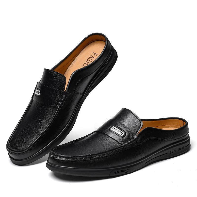 Fashion Genuine Leather Mens Muller Shoes Lightweight Male Half Drag Breath Casual Shoes Soft Sole Slip-on Slippers Business Moccasins