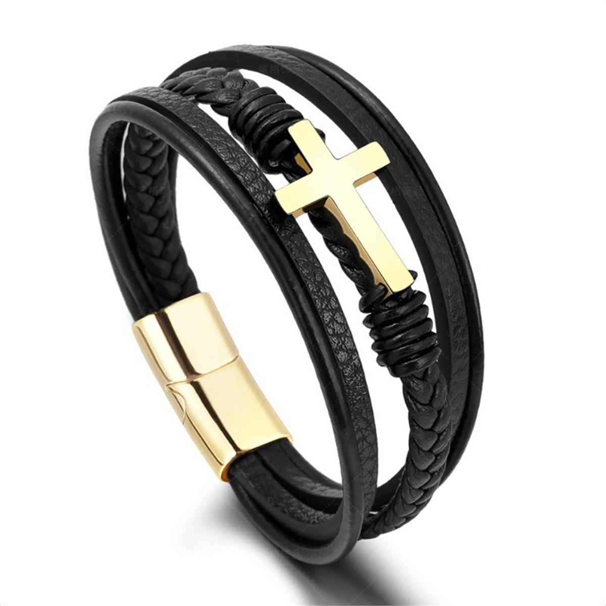 Men s Black Leather Titanium Steel Cross Multi Stripe Braided Bracelet Bangle Wristband Jewellery 19cm