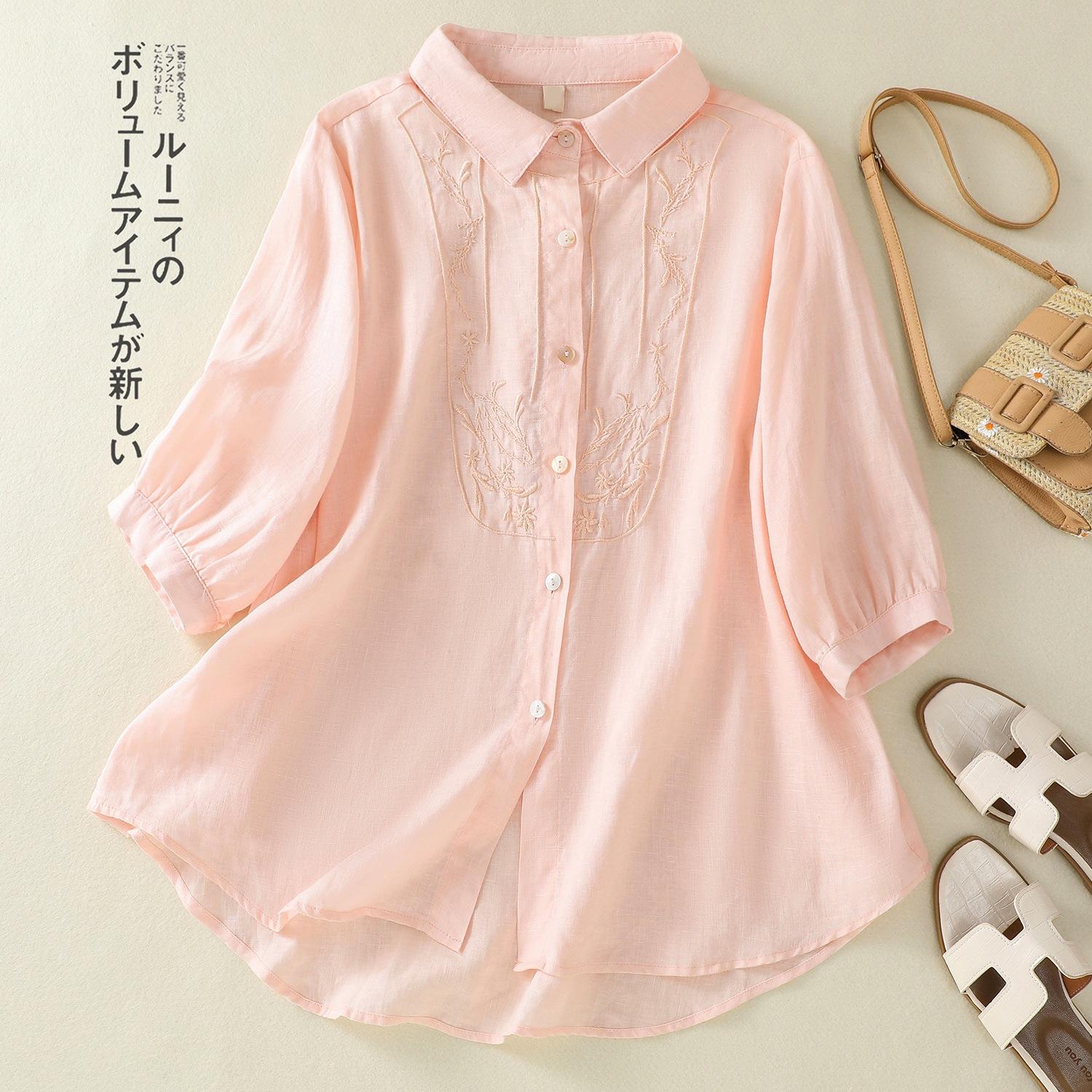 

Лето 2025 года, новая легкая и дышащая рубашка из хлопка и льна, женская универсальная рубашка для поездок на работу, простой вышитый кардиган сверху M розовый