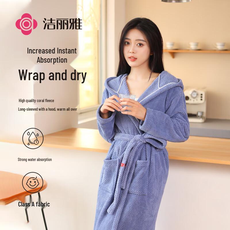 Jieliya Grace Pineapple Grid Hooded Coral Fleece Bathrobe M