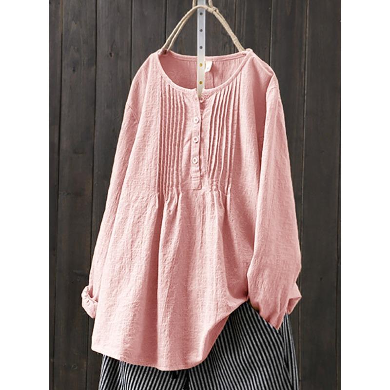 Loose Cotton and Linen Long Sleeved Women's Round Neck Women's Shirt