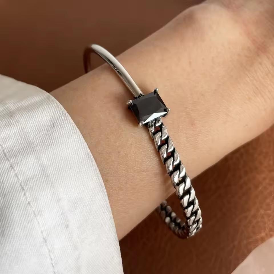 PANJBJ 925 Sterling Silver Irregular Geometry Texture Bangle Bracelet for Women Girl Minimalism Jewelry Gift Dropshipping