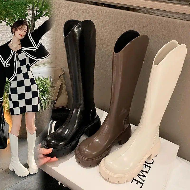 Thick-legged long boots, women's v-mouth thick-soled fat mm big tube-circumferential knight boots are thin, simple and fashionable, thick-sole