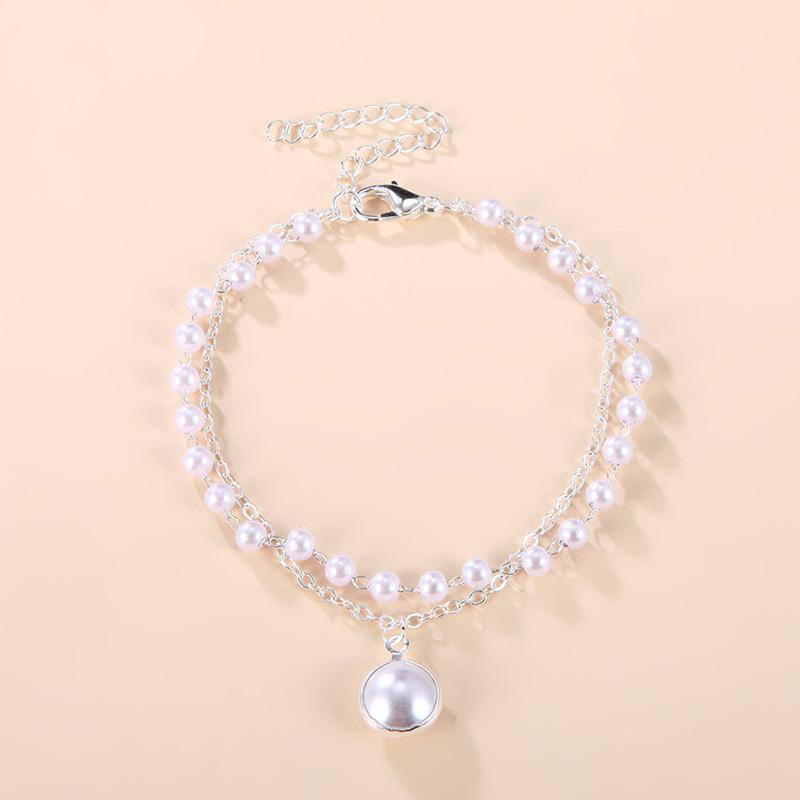 

2026 New Two Layers Pearl Anklets for Women Korean Fashion Elegant Bracelets Gold Color Copper Color Metal Chain Wrist Zircon