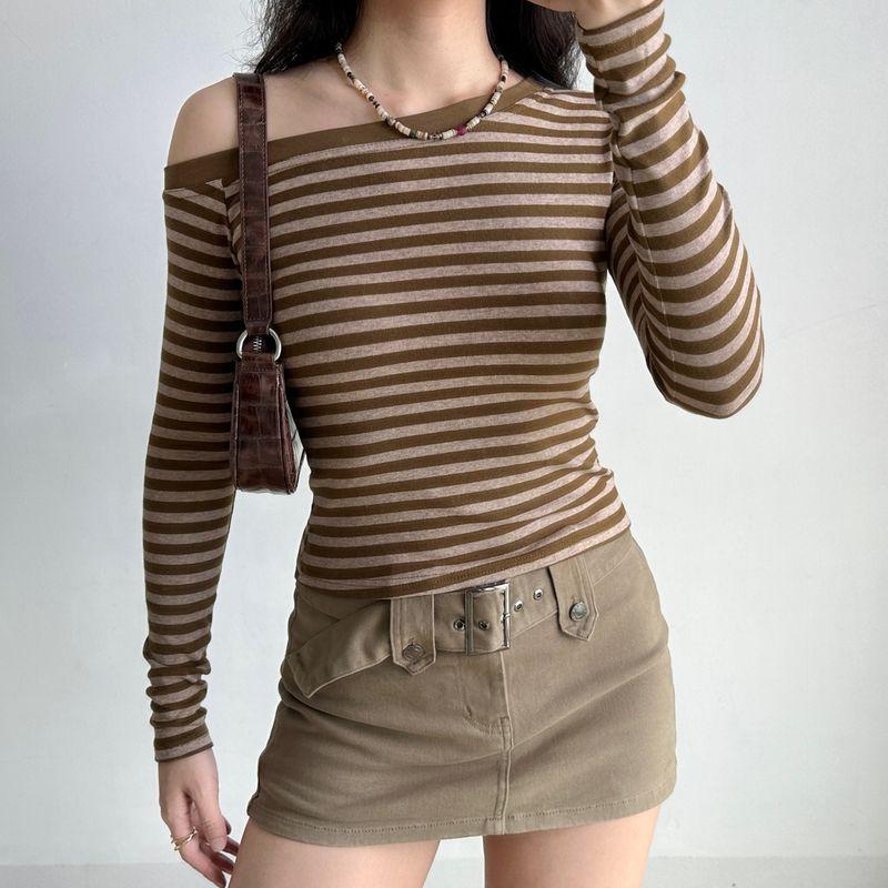 

Go Girl Go Fashion Style off-Shoulder Collar Long-Sleeved Striped T-shirt Female Fall/Winter Slim Slim Looking Sexy Tops Olive green S