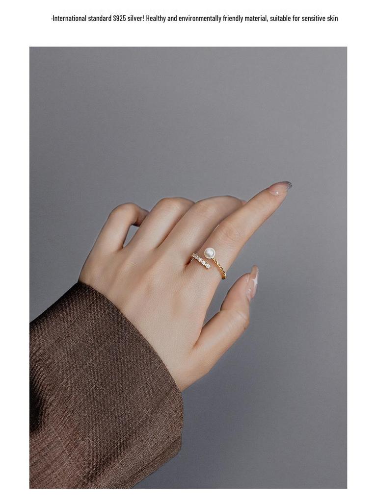 Banyan Tree S925 Silver Zircon Pearl Adjustable Ring – Women’s Luxury Korean & Japanese Style Celebrity Fashion.