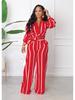 Women's Striped Printed Long-Sleeve Shirt Suit - Two-Piece Set