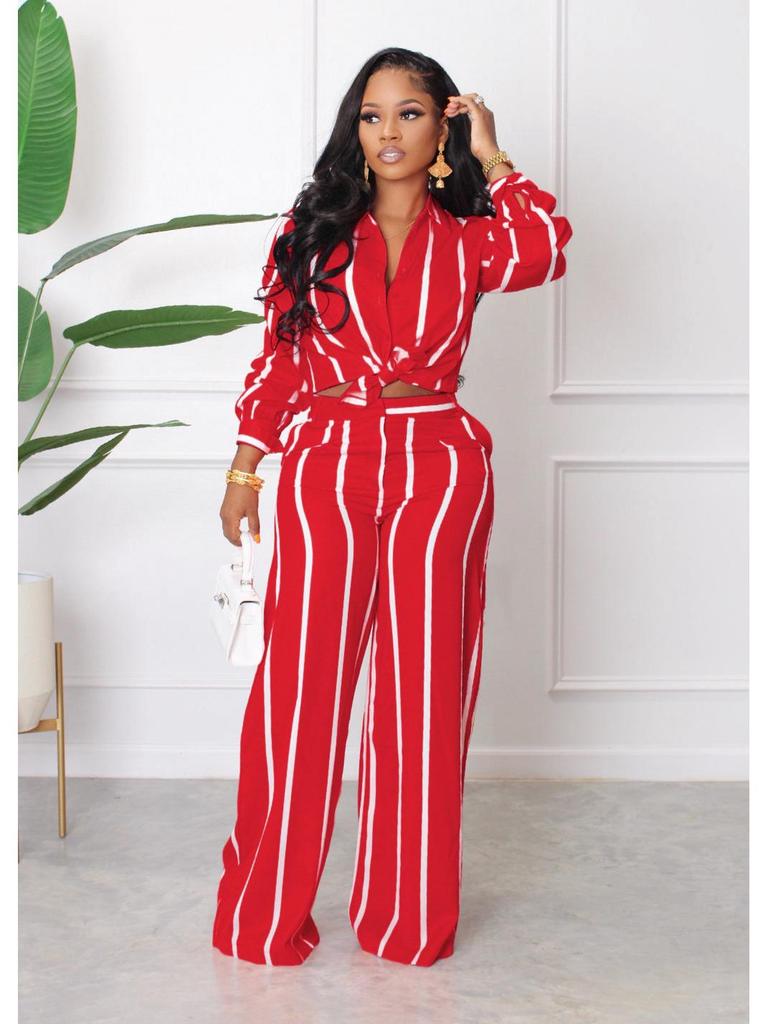 Women's Striped Printed Long-Sleeve Shirt Suit - Two-Piece Set