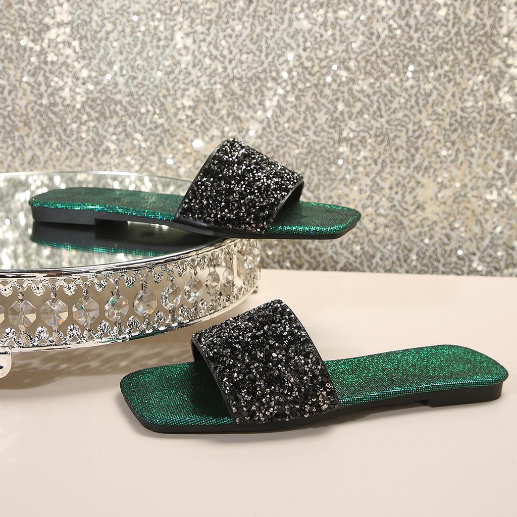 Sequined Slippers Women's Outer Wear Summer New Fashion Flat-bottomed Rhinestone Trendy Sandals